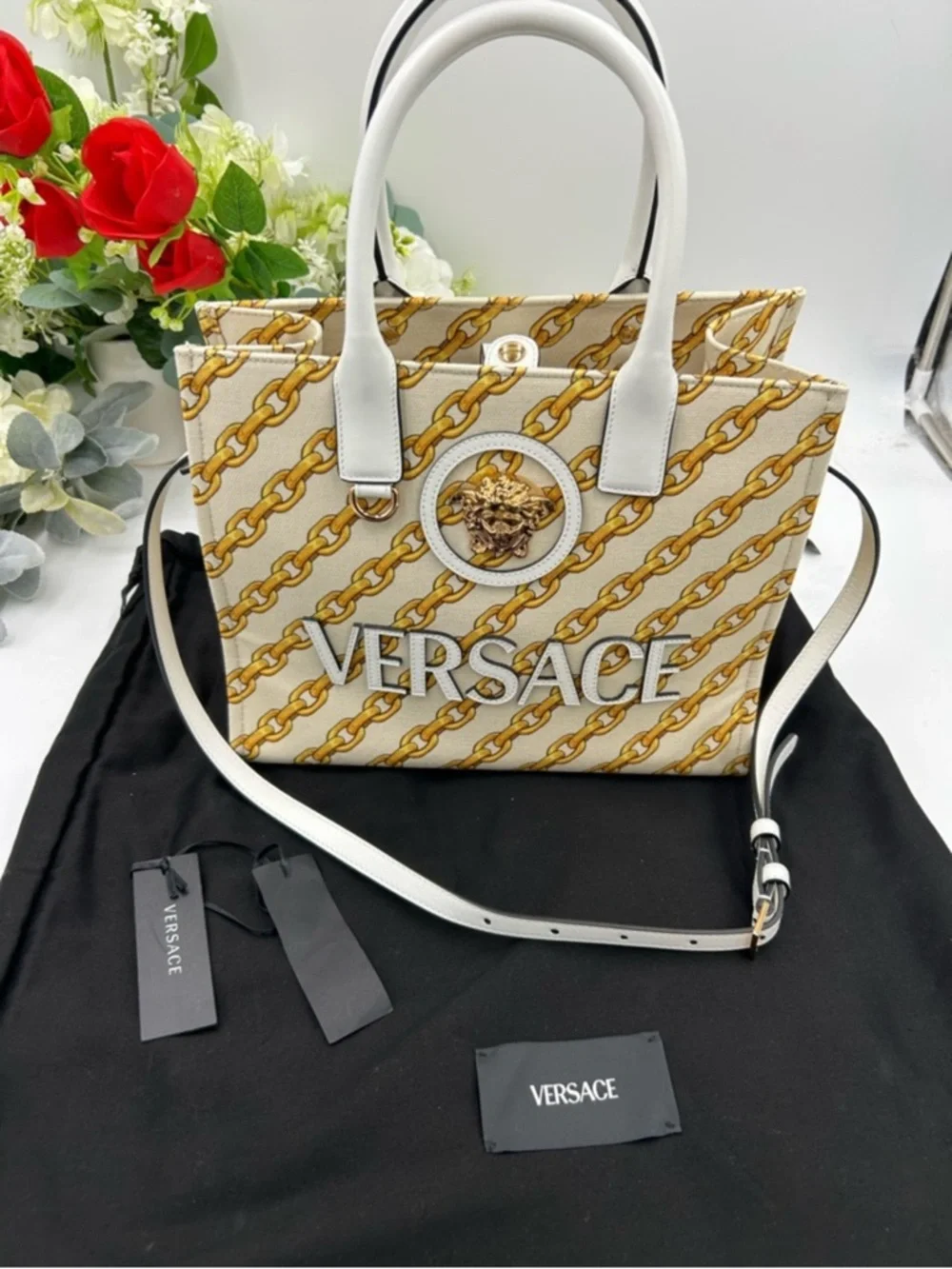 Women’s Versace chain stripe la Medusa tote bag with shoulder strap made Italy